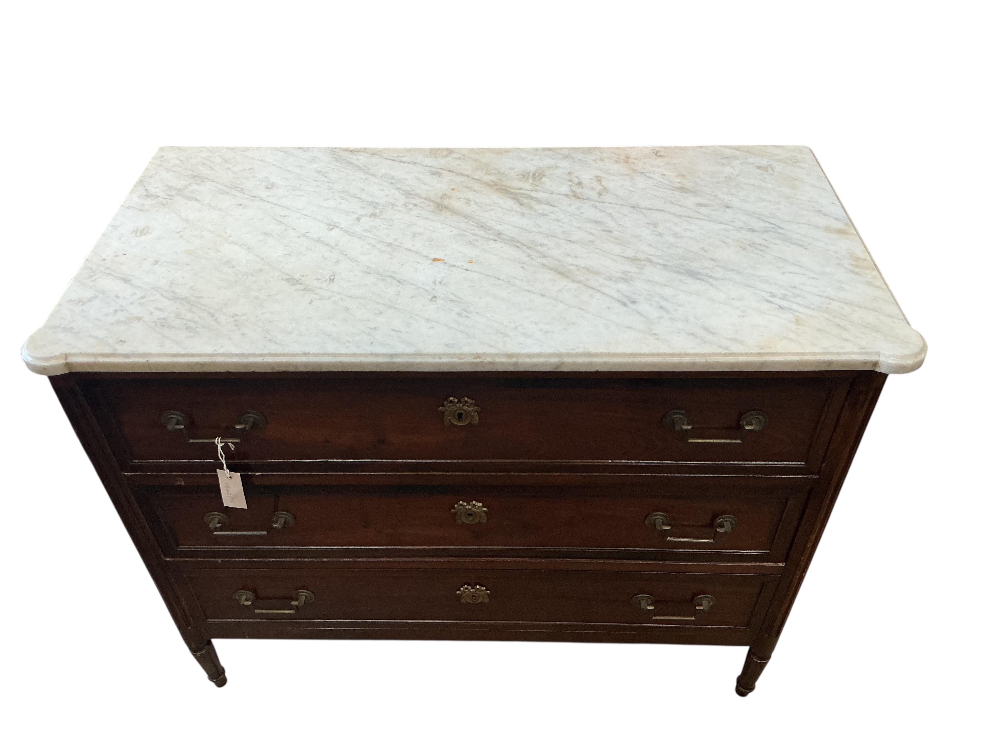 A Louis XVI style marble top mahogany commode, width 112cm, depth 55cm, height 91cm